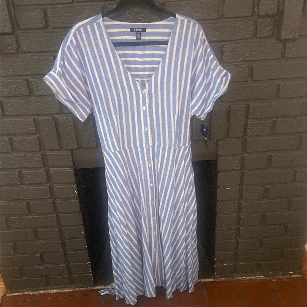 Chaps Blue and White V-Neck Cuffed Sleeve Midi Dress